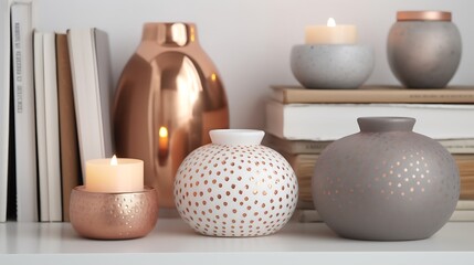 Rose Gold Decor Candles Vases Bookshelf Arrangement