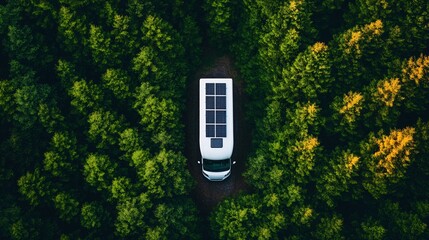 Aerial view of a camper van with solar panels surrounded by lush green forest