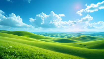 Fototapeta premium Green Hills with Blue Sky and White Clouds, Peaceful Nature Landscape of Rolling Meadows