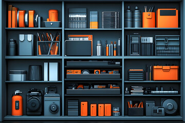 Fototapeta premium Organized dark gray shelves filled with art and office supplies in orange and gray containers.