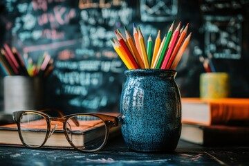 Colorful pencils in a jar, glasses, books on a desk with a chalkboard background.