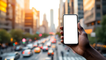 Hand Holding Smartphone with Blank Screen Mockup in Vibrant Urban Backgrounds