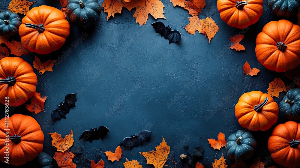 Poster contemporary halloween backdrop adorned with pumpkins bats and decor elements suitable for a hallowe