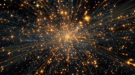 Fototapeta premium Dark starry night with golden fireworks and Happy New Year text sharp detail and magical glow