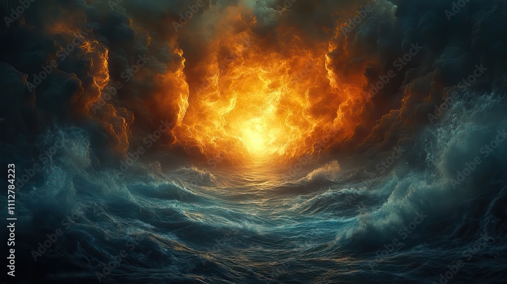 Poster creation genesis 1 n 2 4 llet there be light in the beginning god created the heavens and the earth stormy and swirling sky with dark clouds parting to reveal an intense celestial light