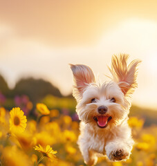 Yorkshire Terrier runs and jumps through a field of wildflowers at sunset