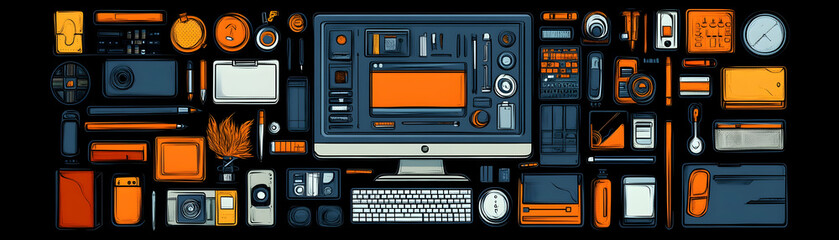 Fototapeta premium Orange and blue desktop workspace with various office supplies and devices.