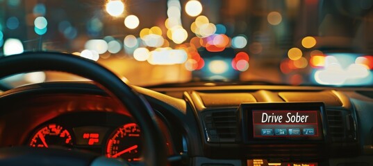 Drive Sober Message on Car Dashboard Promotes Safe Driving Practices with Night City Lights