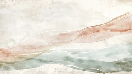 Abstract watercolor wash background with flowing lines in muted peach, beige, and sage green tones on textured paper.