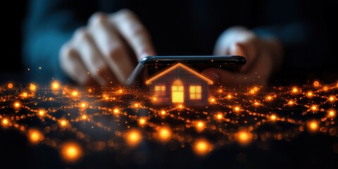 A conceptual digital installation of a house placed on a sleek table, with a person holding a smartphone in the background. A futuristic representation of technology and real estate. Banner with space
