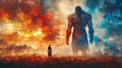 david and goliath digital watercolor painting of an ancient warrior with a giant standing in front of him digital illustration