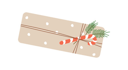 Christmas holiday present in modern eco-friendly packaging. Gift in kraft paper bag with spruce branch and candy cane. DIY tied with bow or rope. Flat vector illustration on white isolated background.