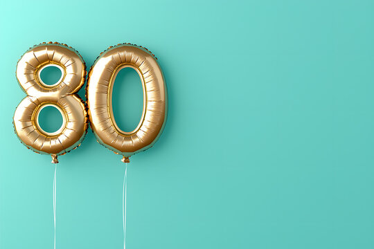 Shiny metallic gold foil balloons forming the number 80, creating a festive and celebratory atmosphere for a milestone birthday or anniversary celebration