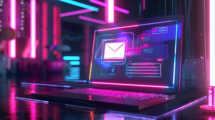 Futuristic Laptop with Holographic Email Interface in Neon-Lit High-Tech Office