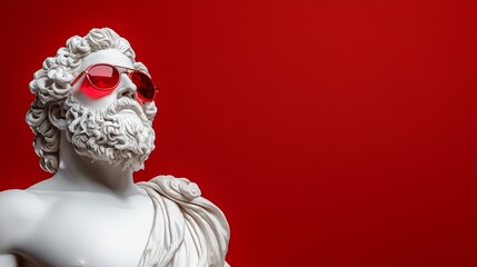 White sculpture of Zeus wearing red sunglasses on an isolated dark background. Concept art, Greek mythology, god statue portrait. Ancient Greek white marble male figure