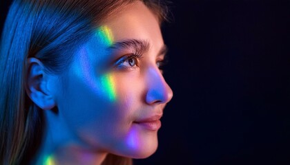 Naklejka premium Close up of beautiful young woman with colorful neon lights projected on her face, creating a modern and artistic portrait