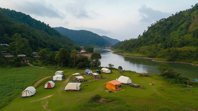 Stunning Aerial View of a Serene Camping Ground in the Morning
