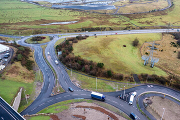 Aerial view of a roundabout and major road construction in South Wales