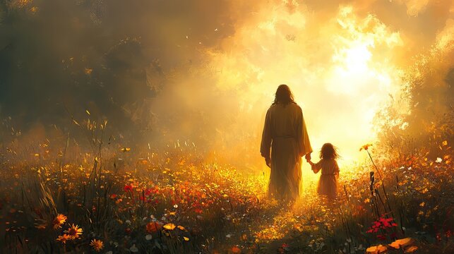 digital painting of jesus walking with a little girl towards light rear view