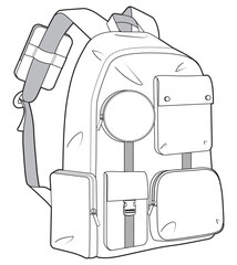 Multi pocket rucksack flat sketch vector illustration technical cad drawing template