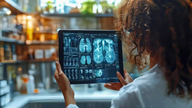 Female doctor examining digital medical scans on a tablet in a lab, showcasing advanced healthcare technology