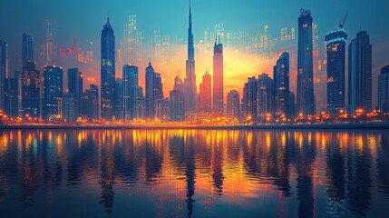 Fototapeta premium downtown dubai s business skyscrapers western asia s international center for finance and trade concept of forex charts and graphs double exposure dubai canal waterfron
