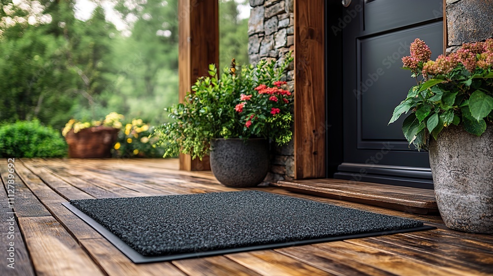 Aufkleber elegant black doormat mockup in a modern environment ideal for showcasing custom prints or logos at a front door of a house or business copy space on the welcome mat doormat prototype carpe
