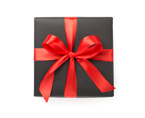 Black gift box isolated on white, top view. Black Friday concept