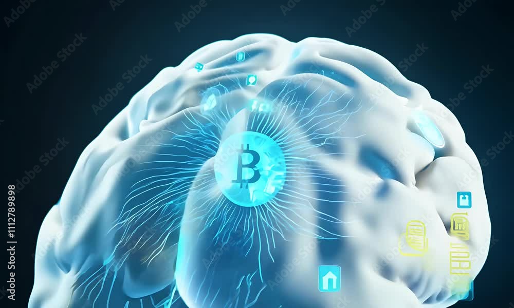 Poster abstract brain with bitcoin - 3d animation loop
