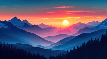 Obraz premium Peaceful mountain landscape illuminated by the golden hour sunset