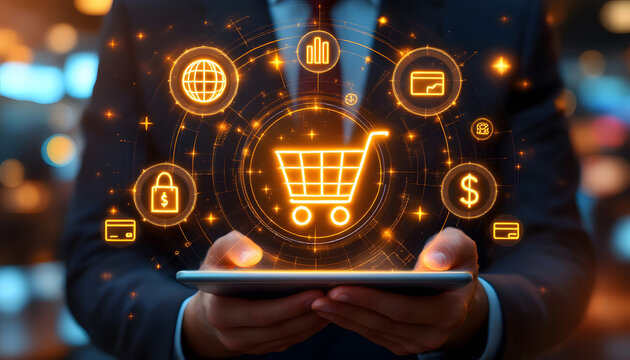 A businessman holding a tablet with glowing orange icons representing e-commerce, including a shopping cart, security, global, payment, and dollar symbols.