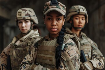 Fototapeta premium Black Soldiers. Military Team of Brave Female Soldiers and Comrades Showing Unity and Equality