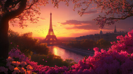 Beautiful Sunset Over the Eiffel Tower Surrounded by Blooming Cherry Blossoms and Scenic River View in the Heart of Paris