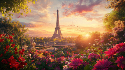 Breathtaking Landscape of the Eiffel Tower Surrounded by Vibrant Flowers at Sunset with Stunning Skylines and Atmospheric Nature Elements in Paris, France