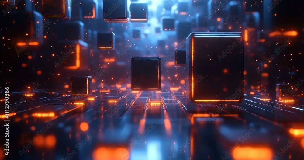 Poster neon light patterns. futuristic glowing cubes digital technology abstract background with neon light