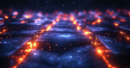 Tech Innovation Trends. Futuristic glowing circuit board close-up with bright orange lights and blue background, high-tech innovation concept for technology presentations, digital designs, electronic