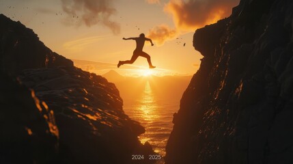 Silhouette person jumps 2024 to 2025 new beginnings sunrise