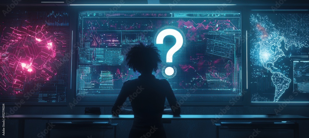 Poster futuristic decision making: person analyzing holographic data screen in high-tech environment