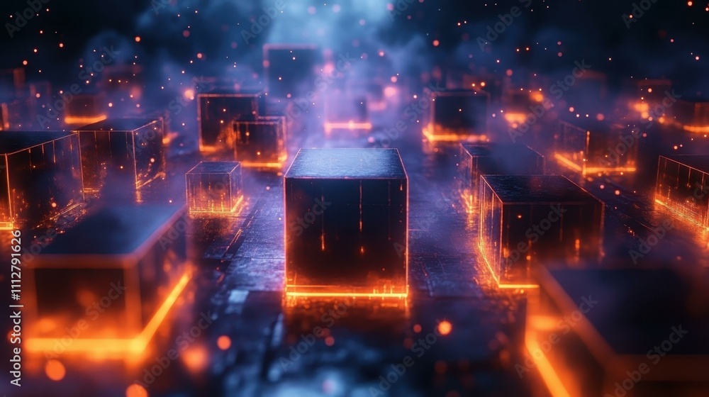 Poster crypto market trends. futuristic glowing data blocks floating in digital cyber space, high-tech bloc