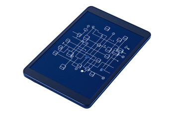 A sleek tablet displays intricate circuit patterns in a striking blue layout.