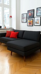 Fototapeta premium Modern living room design urban apartment interior decor cozy environment wide angle view contemporary style for relaxation