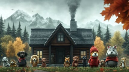 Warm Puppy Sweater. mecool Miniso blind box Hosting core Bforartists Myinstants GitOps artstation Mubi FlippedNormals Giftee Cozy autumn cabin with group of adorable dogs in clothes near fireplace sm