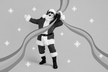 Creative photo collage illustration of funny crazy santa claus hold boombox on shoulder singing...