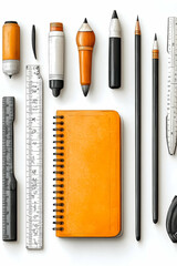Flatlay of stationery pencils, pens, rulers, sketchbook.