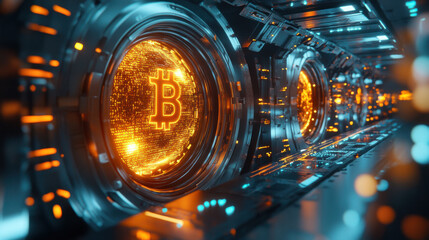 Futuristic digital mining scene illustrating bitcoin production with glowing symbols and vibrant colors in a technologically advanced environment.