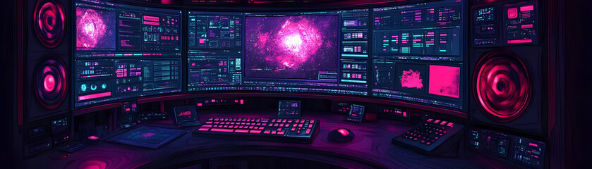Obraz premium Futuristic gaming setup with vibrant pink and blue lighting.