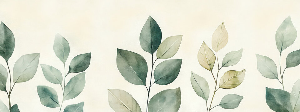 A minimalist pattern of geometric leaves in pastel green, alternating with small floral accents on a light beige canvas