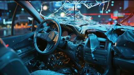 Car Crash Aftermath: Smashed Dashboard and Deployed Airbag from Drunk Driving Incident
