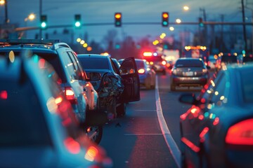 Fototapeta premium Intense Traffic Jam Scene with Emergency Responders Addressing Drunk Driving Accident