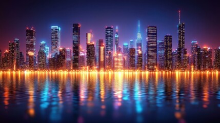 Fototapeta premium City Light Reflections. Modern city skyline at night with illuminated skyscrapers reflecting on water, perfect for business, travel, technology themes, urban lifestyle, futuristic backgrounds, and di